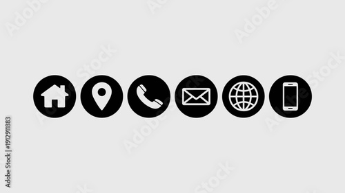Contact Icons: A series of sleek, monochromatic icons representing essential points of contact, arranged against a plain background.