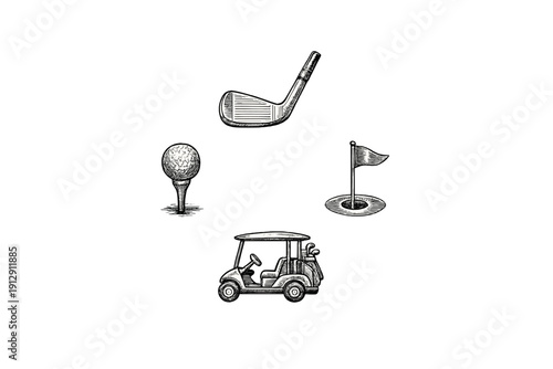A collection of vintage golf illustrations featuring a club, a ball on a tee, a flag in a hole, and a golf cart, all rendered in a detailed hand-drawn engraving style on a black background.