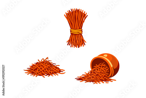 A collection of orange shredded material shown in three forms: a tied bundle, a loose pile, and spilling from a small brown bowl. The set is presented on a solid black background.