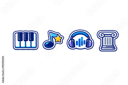 A set of four stylized blue icons featuring piano keys, a musical note with a star, headphones with a sound wave, and a classical column, all set against a solid black background.