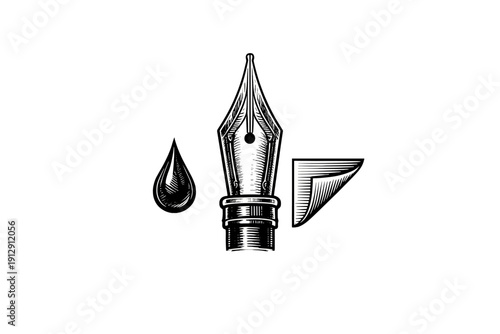 A black and white woodcut style illustration featuring a fountain pen nib, a single ink drop, and a curled corner of paper against a solid black background.