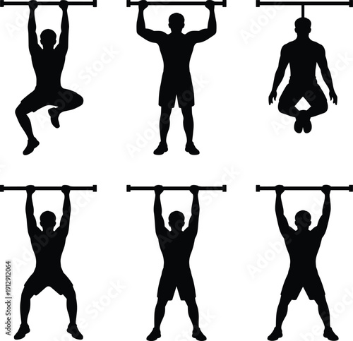 Pull up exercise silhouettes set, man doing bar workout training poses, black white vector fitness strength illustration collection
