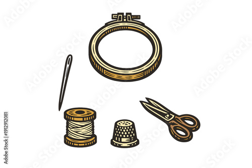 A vintage illustration of sewing and embroidery tools including an embroidery hoop, a needle, a spool of thread, a thimble, and a pair of scissors on a black background.