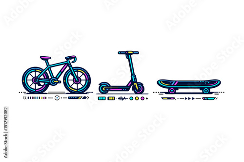 A neon vector illustration showcases a bicycle, an electric scooter, and a skateboard with vibrant cyan and magenta outlines against a solid black background.