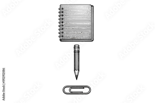 A black and white illustration featuring a spiral notebook, a sharpened pencil, and a paperclip arranged vertically against a solid black background in a detailed engraving style.