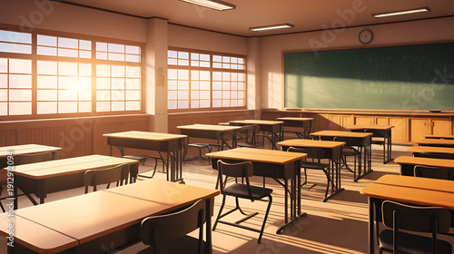 Anime Style Sunset High School Clubroom Interior with Empty Desks and Chalkboard Vintage Japanese Classroom Warm Lighting and Dust Particles