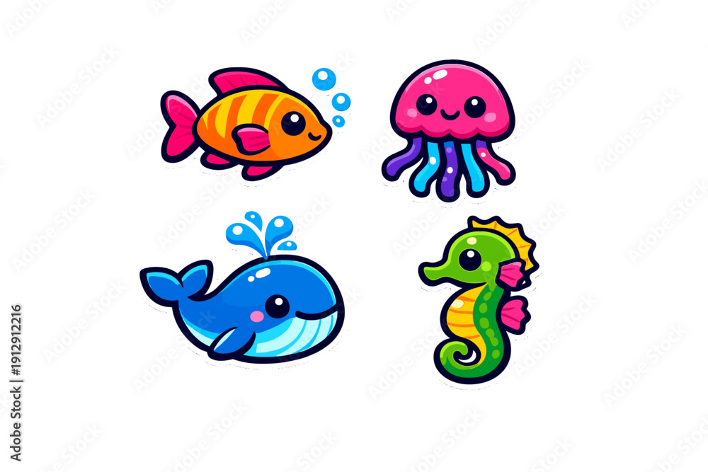 Obraz premium A set of four cute cartoon sea creature stickers including a colorful fish, a pink jellyfish, a blue whale, and a green seahorse, all featuring bright colors and thick white borders.