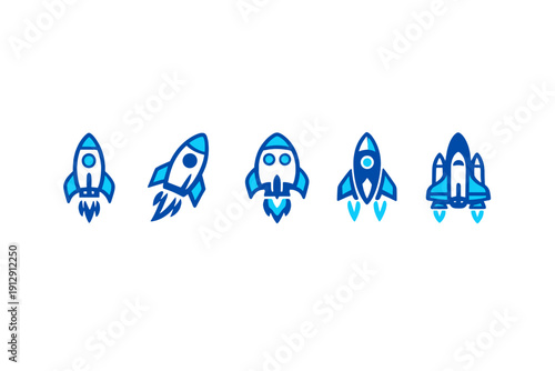 A set of five stylized rocket and spaceship icons in shades of blue, arranged horizontally against a solid black background. Each icon features a unique design with flame trails.