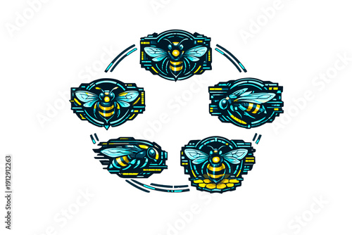 Five stylized cybernetic bee icons are displayed in a circular arrangement. These digital illustrations use neon blue and yellow accents with tech-inspired details on a dark background.