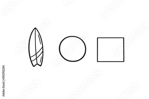 A minimalist black and white illustration featuring three distinct geometric and object shapes: a surfboard with stripes, a simple circle, and a solid square outline on a white background.