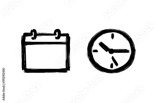 A minimalist illustration featuring white line art icons of a calendar and a clock on a solid black background, representing concepts of time management and scheduling.