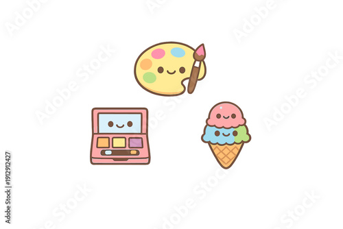 A set of three cute kawaii illustrations featuring a smiling artist palette with a brush, a pink makeup eyeshadow kit, and a double scoop ice cream cone on a black background.
