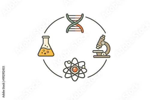 A flat illustration featuring four scientific icons arranged in a circle on a dark background, including a DNA strand, a microscope, an atom model, and a laboratory flask.