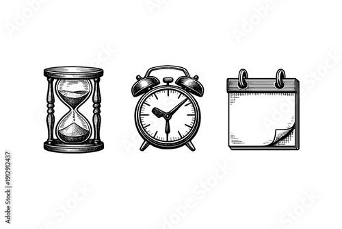 A set of three vintage-style illustrations featuring an hourglass, an alarm clock, and a calendar page. The black and white woodcut icons represent time management and scheduling concepts.