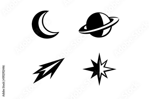 A collection of four white celestial icons including a crescent moon, a ringed planet, a shooting star, and a sparkling star, all set against a solid black background.