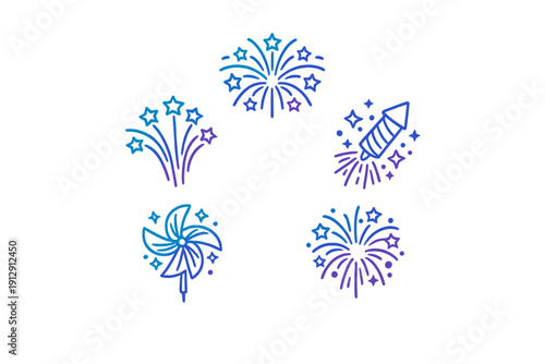A collection of five stylized firework icons featuring bursts, a rocket, and a pinwheel. The icons are rendered in a blue and purple gradient line art style on a black background.
