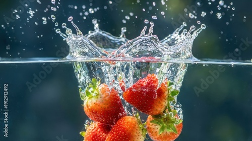 Strawberries Dropping into Glass Bowl with Water Splash