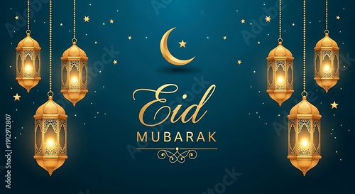 Eid Mubarak celebration with golden lanterns and crescent moon on blue background