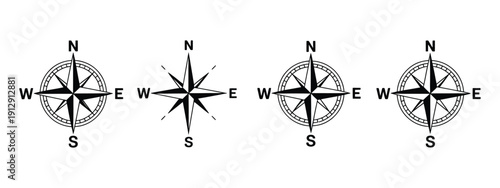 Compass Icon Vector, Isolated Wind Rose Symbols, Set of Navigation and Direction Icons, Vector Illustration