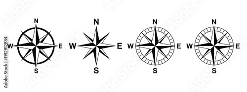 Compass Icon Vector, Isolated Wind Rose Symbols, Set of Navigation and Direction Icons, Vector Illustration