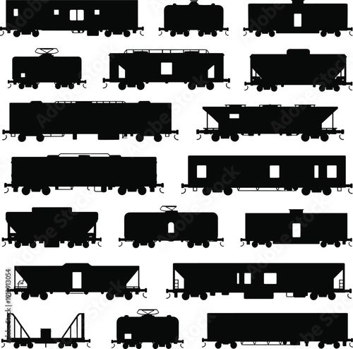 Railway train wagon silhouette collection, black freight cargo and passenger railcar vector set isolated transportation illustration