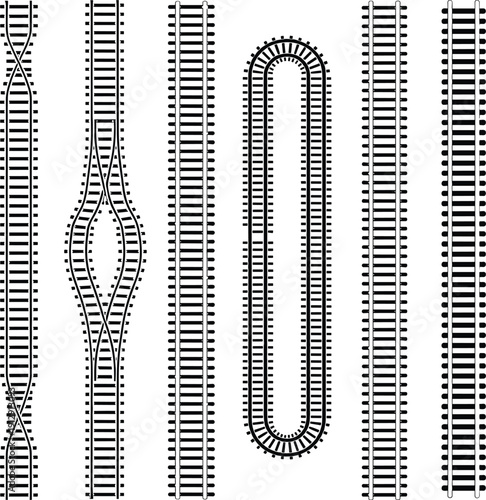 Railway track switches and junctions set, straight curved and crossover train rails vector illustration isolated on white background