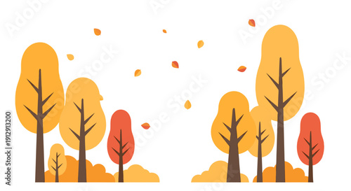 Autumn trees with falling leaves in vibrant orange hues