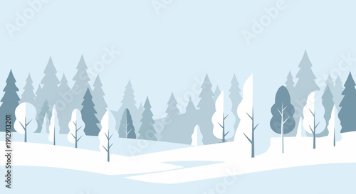 Serene winter landscape with snow covered trees and hills