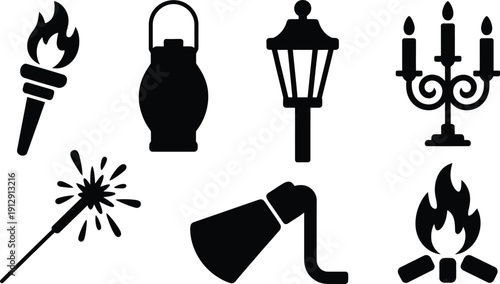 Collection of symbols associated with ancient and mystical illumination sources