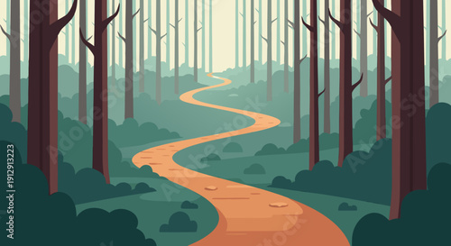 Winding forest path through tall trees to sunny destination