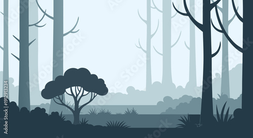 Misty forest landscape with trees and foliage in shades of blue