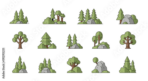 Cartoon trees and rocks in natural landscape settings