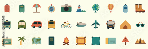 Travel icons set featuring luggage, bus, airplane, passport and other tourism elements in flat style