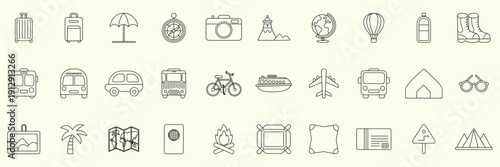Travel outline icons set featuring luggage, bus, airplane, passport and other tourism elements in line style