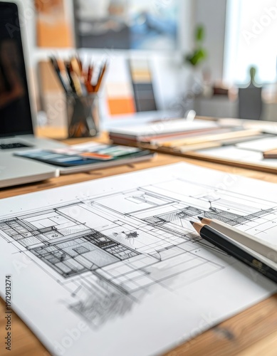 Architectural floor plan sketch with drawing tools on a wooden desk.