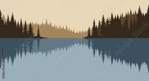 Serene lake surrounded by evergreen trees at sunset