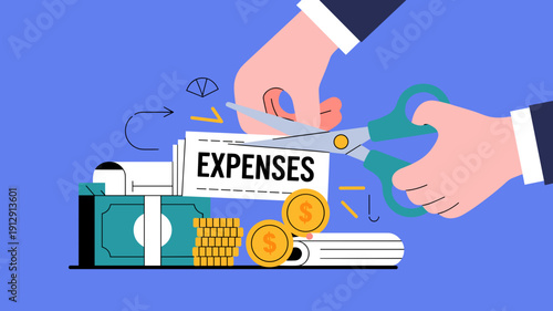 Hands managing expenses folder with cash, coins and credit card, Personal finance budgeting and expense tracking concept.