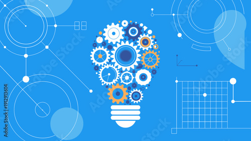 Light bulb made of gears on blue technology background, Innovation, engineering idea and creative problem solving concept.