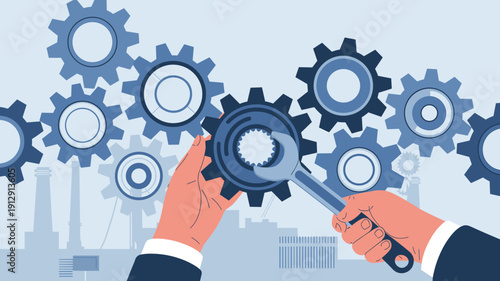 Hands adjusting gears with magnifying glass in industrial process optimization concept. Business analysis and operational efficiency illustration.