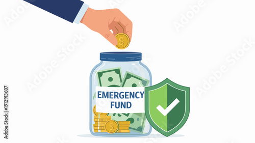Hand putting coin into emergency fund jar with shield protection icon, Personal savings and financial security concept.