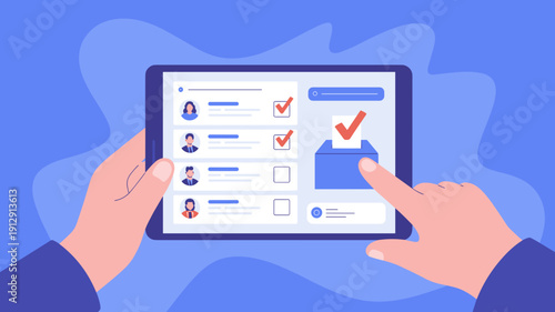Hands using tablet with digital voting ballot interface and verified checkmark, Online election system and secure voter registration concept.