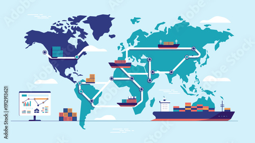 Global logistics and international shipping routes map with cargo ships and containers, Worldwide supply chain and freight transportation concept.