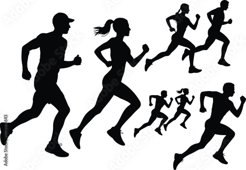 Running men and women silhouettes collection featuring dynamic sprinting athletes isolated on white background for fitness sport concept