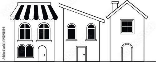 Row of house buildings line illustration showing simple urban homes and shop facades in clean modern outline vector style