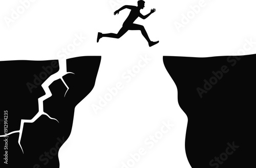 Silhouette of businessman jumping across cliff gap, cracked canyon rock risk challenge, success motivation leadership ambition concept illustration