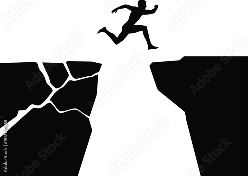 Silhouette of determined businessman jumping over cliff gap, cracked rock canyon challenge, success motivation concept, risk taking leadership ambition
