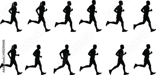 Set of Twelve Male and Female Runner Silhouettes in Motion, People Jogging and Running for Marathon Training Vector Illustration Isolated,