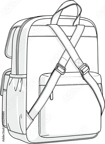 Backpack technical fashion illustration in perspective view showing adjustable shoulder straps pockets and zipper compartments in clean vector outline style