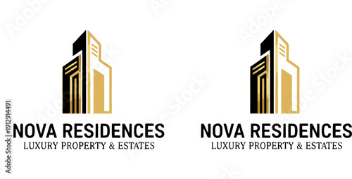 Professional vector logo design for “NOVA RESIDENCES LUXURY PROPERTY & ESTATES” featuring modern high-rise building motif in black and gold, symbolizing architecture and upscale living.