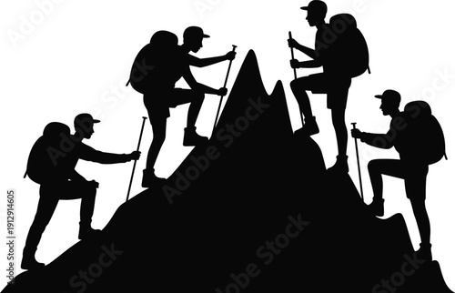Silhouette of four hikers climbing mountain peak, trekking adventure teamwork success outdoor expedition achievement black and white vector illustration